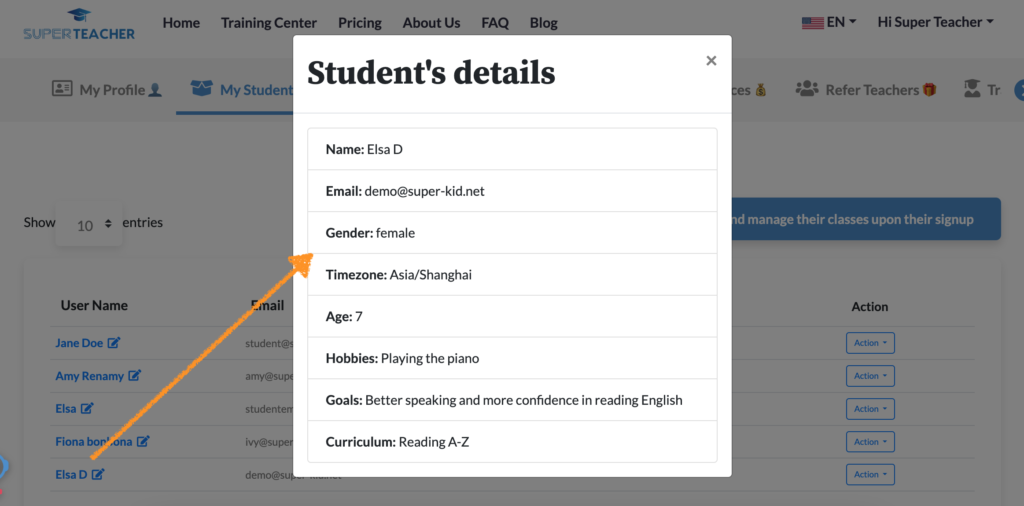 SuperTeacher student details
