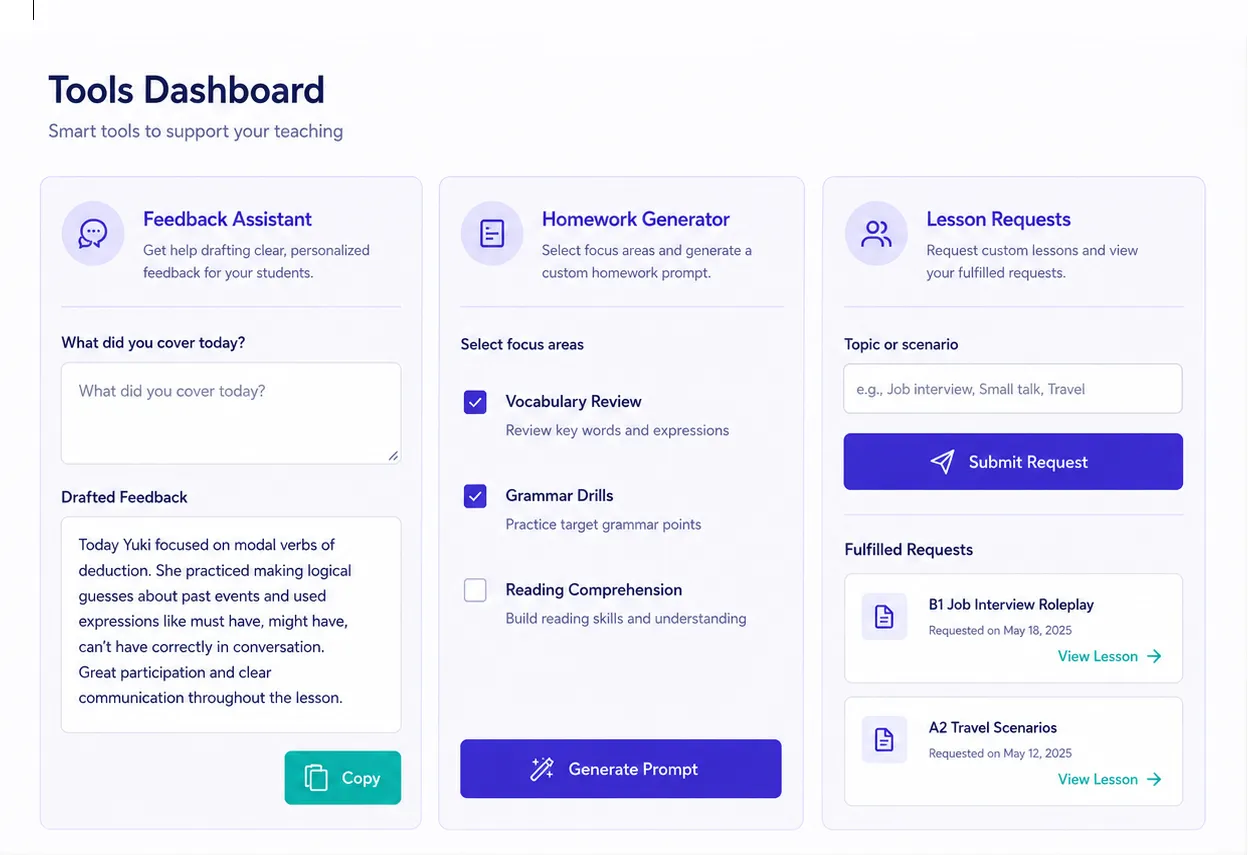 The tools dashboard inside The Tutor Resource